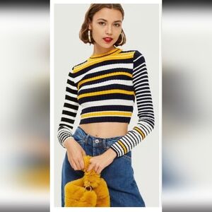 Topshop Petite Knit Black, White, and Yellow Striped Crop Top